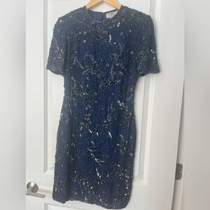 Vintage Adrianna Papell navy beaded silk dress size 4